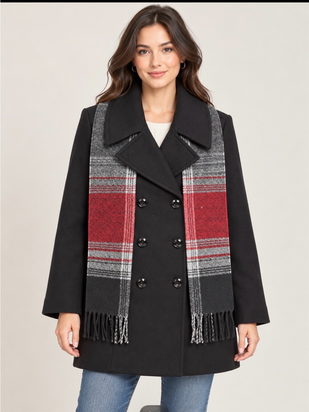 London Fog Red, Gray & Black Plaid Fringe Scarf